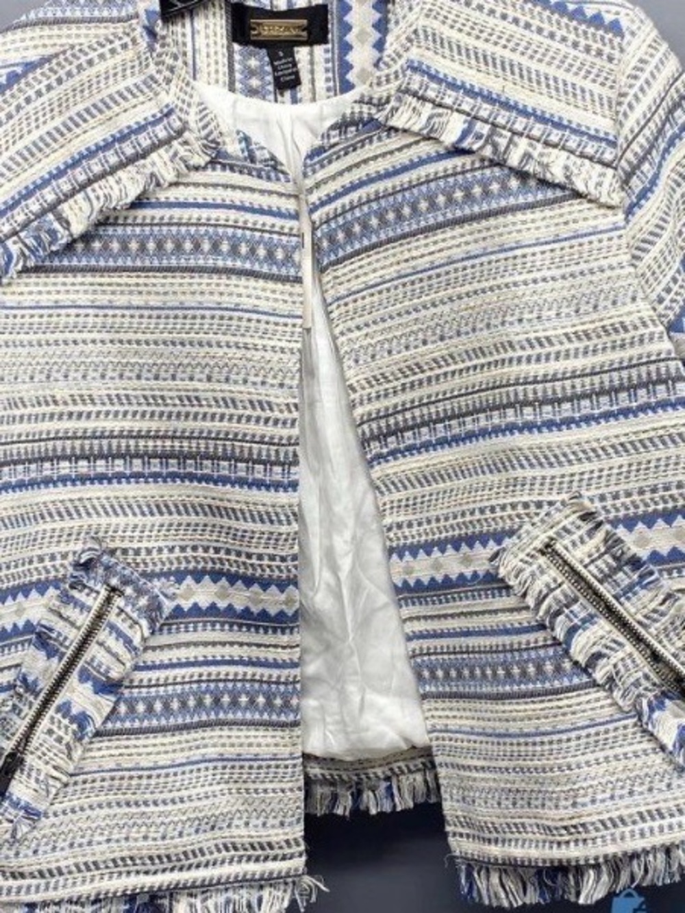 NWT Greylin x Anthropologie ASL Blue and Cream Fringed Textured Open Blazer
